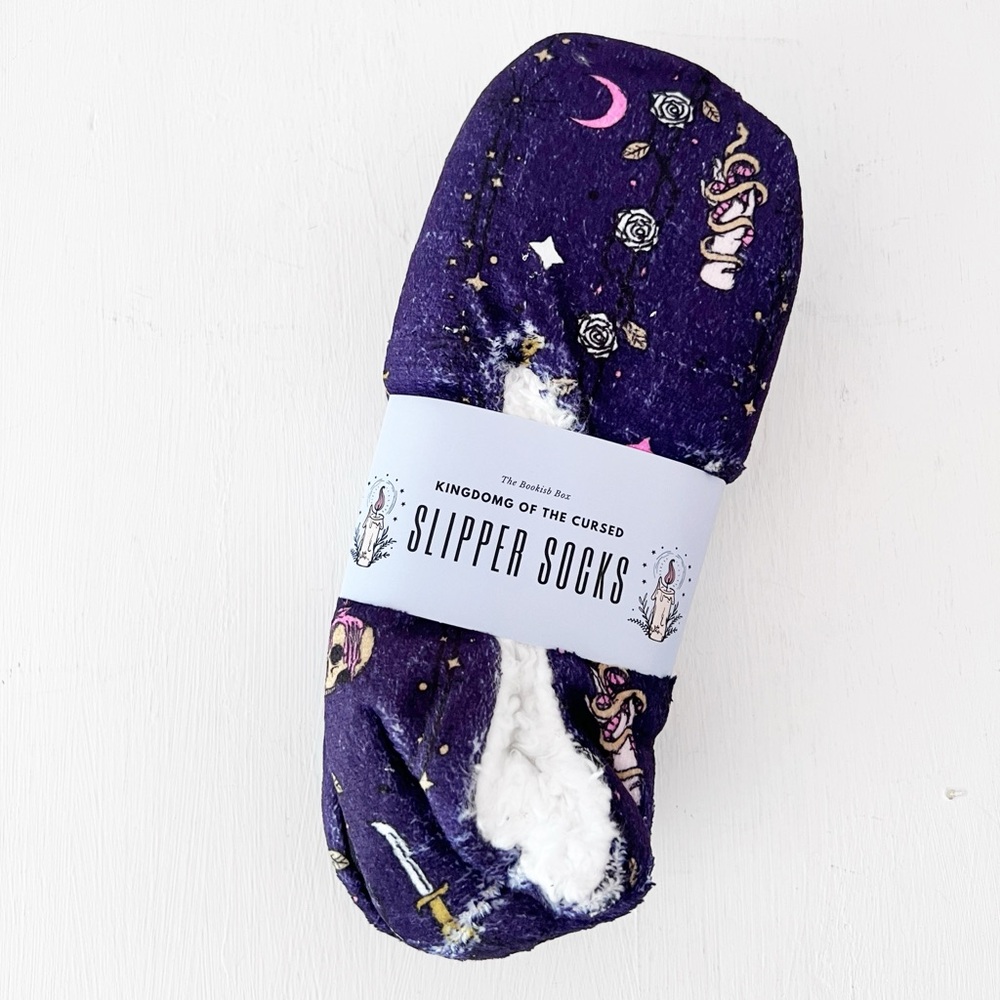 The Bookish Box Slipper Socks Purple Kingdom of‎ the Cursed Kerri Maniscalco